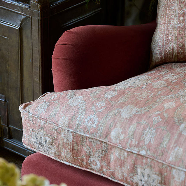 Chiddingfold 3 Seater Sofa in Omega Tawny Velvet and V&A Threads of India Regal Arabesque Flame with scatters in Sulawesi Splendour Jasper